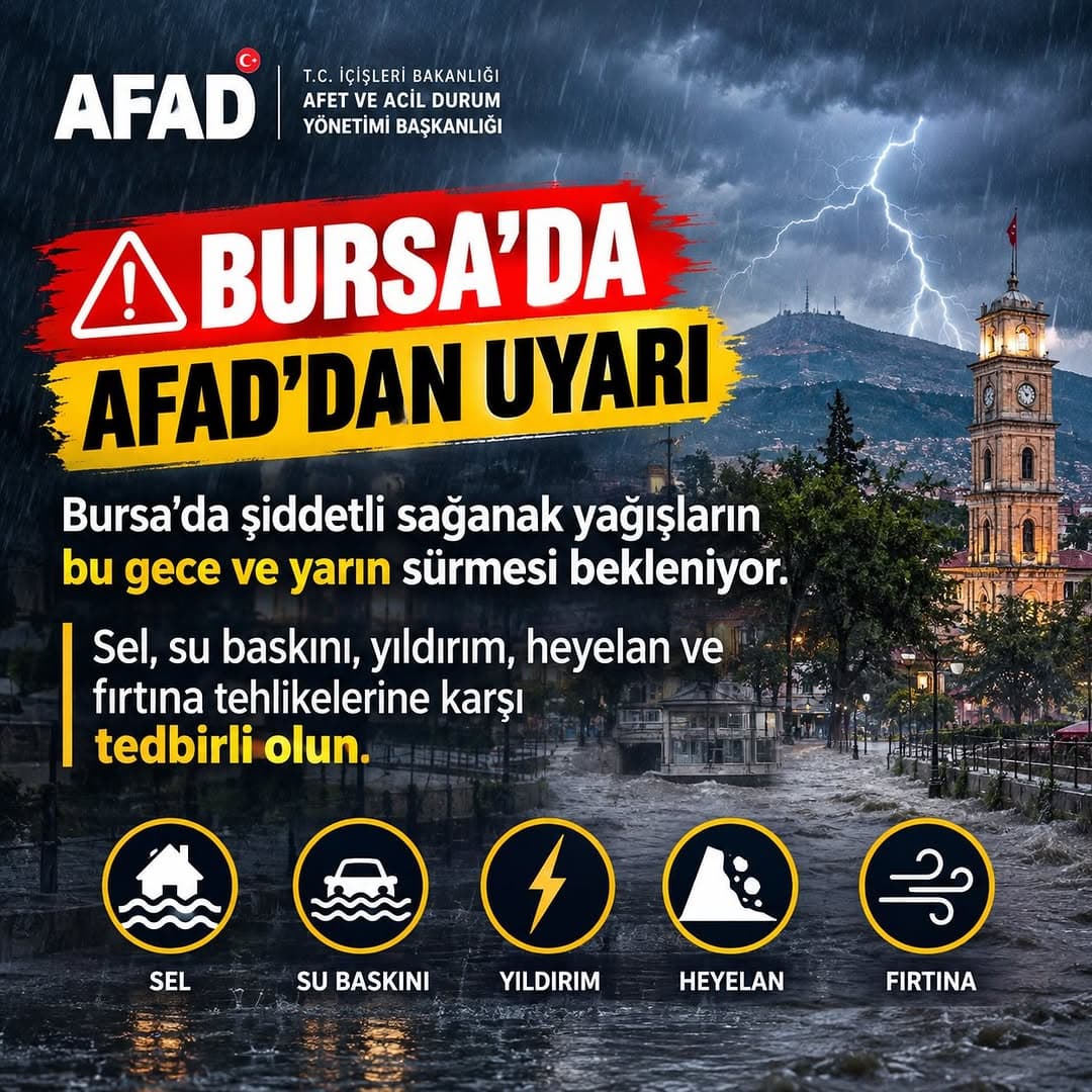 AFAD Bursalılara mesaj gönderdi: Bursa’da siddetli saganak yagislarin bu gece ve yarin surmesi bekle