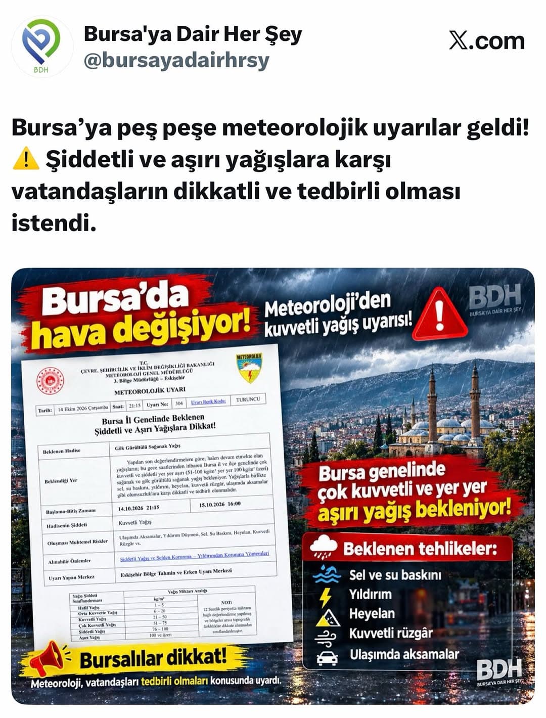 PAYLAŞIN, PAYLAŞTIRIN
Bursa’ya peş peşe meteorolojik uyarılar geldi! ⚠️ Şiddetli ve aşırı yağışlara