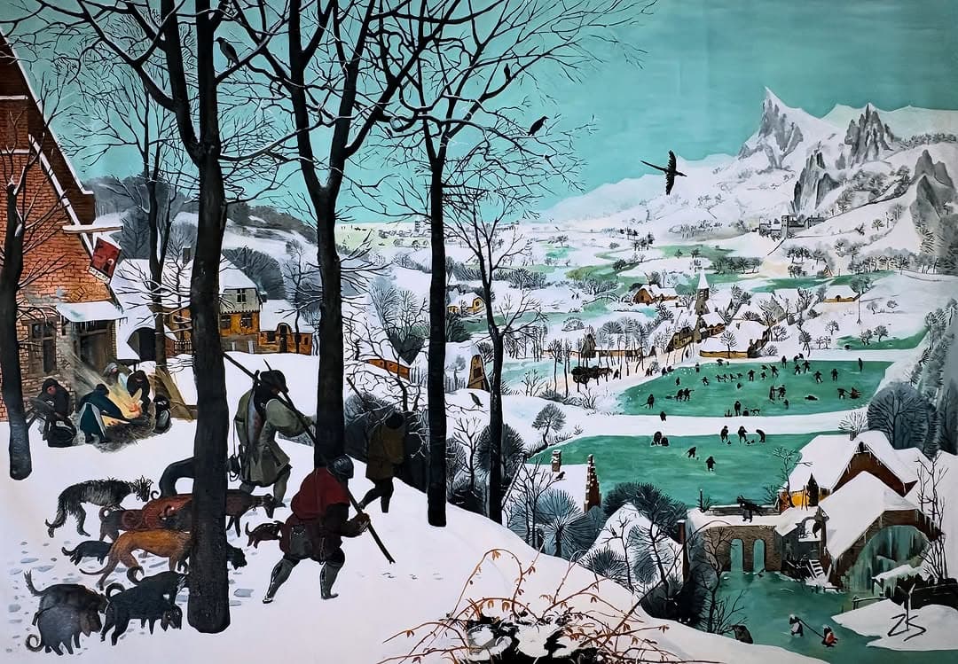 Pieter Brueghel- Karda Avcılar (Jagers in de Sneeuw) reprodüksüyonu ZsK imzalı. 70x100 cm. Tuval üze