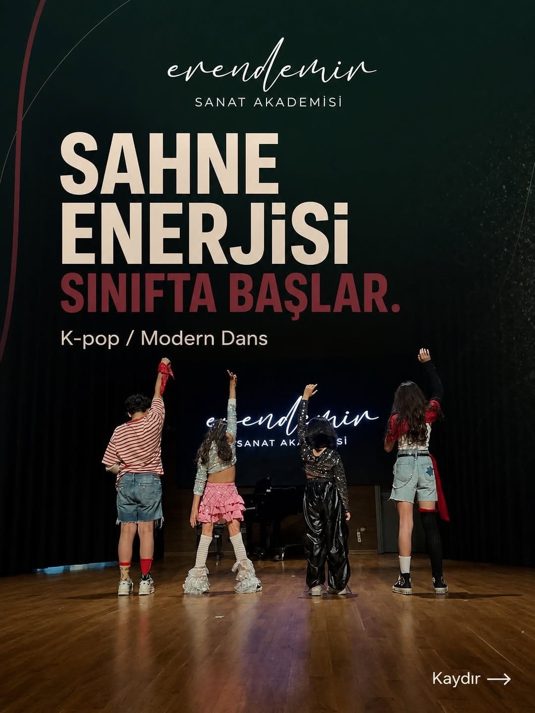Sahne enerjisi sınıfta başlar. ✨
K-pop / modern dans derslerinde çocuklar yalnızca koreografi öğren