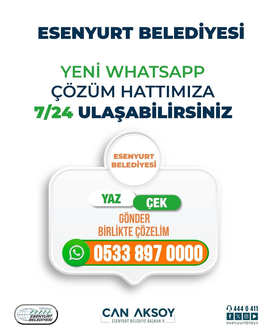 Değerli komşularımız;
☎️ 0533 897 0000 numaralı Yeni WhatsApp çözüm hattımıza 7/24 ulaşabilirsiniz