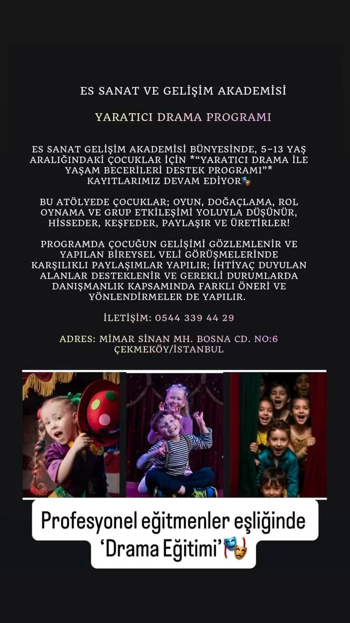 Es Sanat Akademisi/Yaratıcı Drama Eğitimi🎭
MEB onaylı drama programı✨
Uzman eğitmenler eşliğinde s