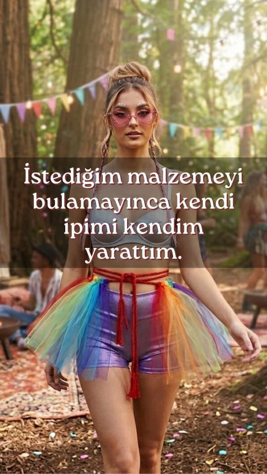 Bu seferki tasarımın iplerini kendim yarattım…
Tül gibi bir malzeme ile şöyle kabarık, makrome örgü