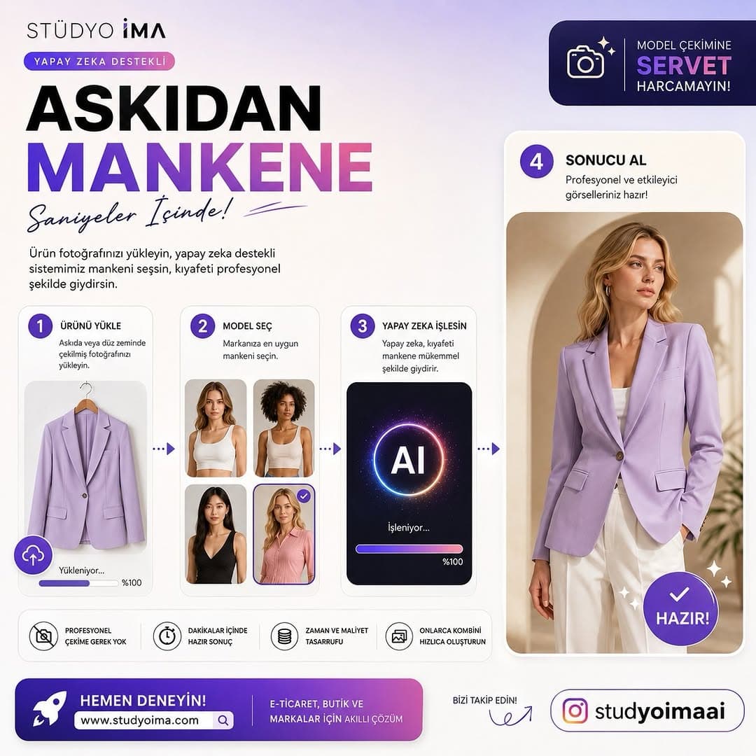 ASKIDAKİ ÜRÜNÜ
SANİYELER İÇİNDE PROFESYONEL MANKENE DÖNÜŞTÜRÜN ✨
Sadece ürün fotoğrafınızı yükleyin
