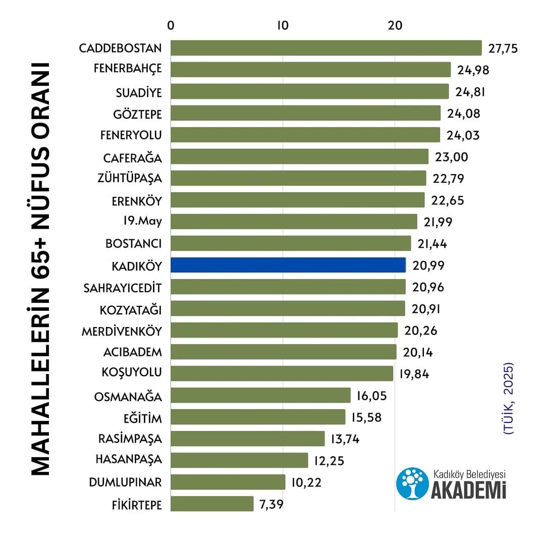 65+ nüfusun Kadıköy'deki oranı %20,99 iken, bu oran mahalle bazında farklılaşıyor. 65+ nüfusun Cadde