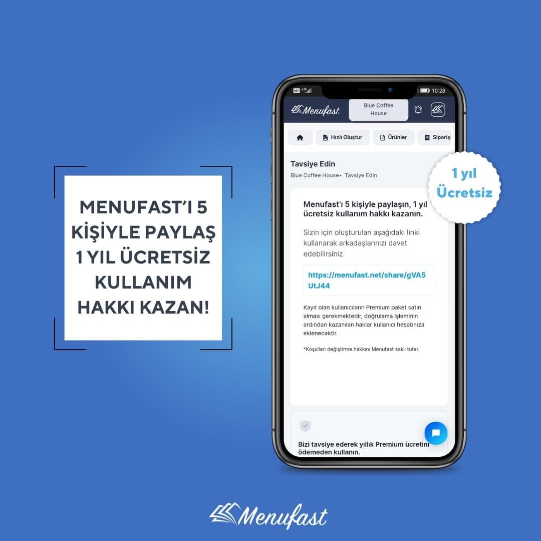 Menufast'ı 5 kişiyle paylaşın, 1 yıl ücretsiz kullanım hakkı kazanın.
Sizin için oluşturulan linki a