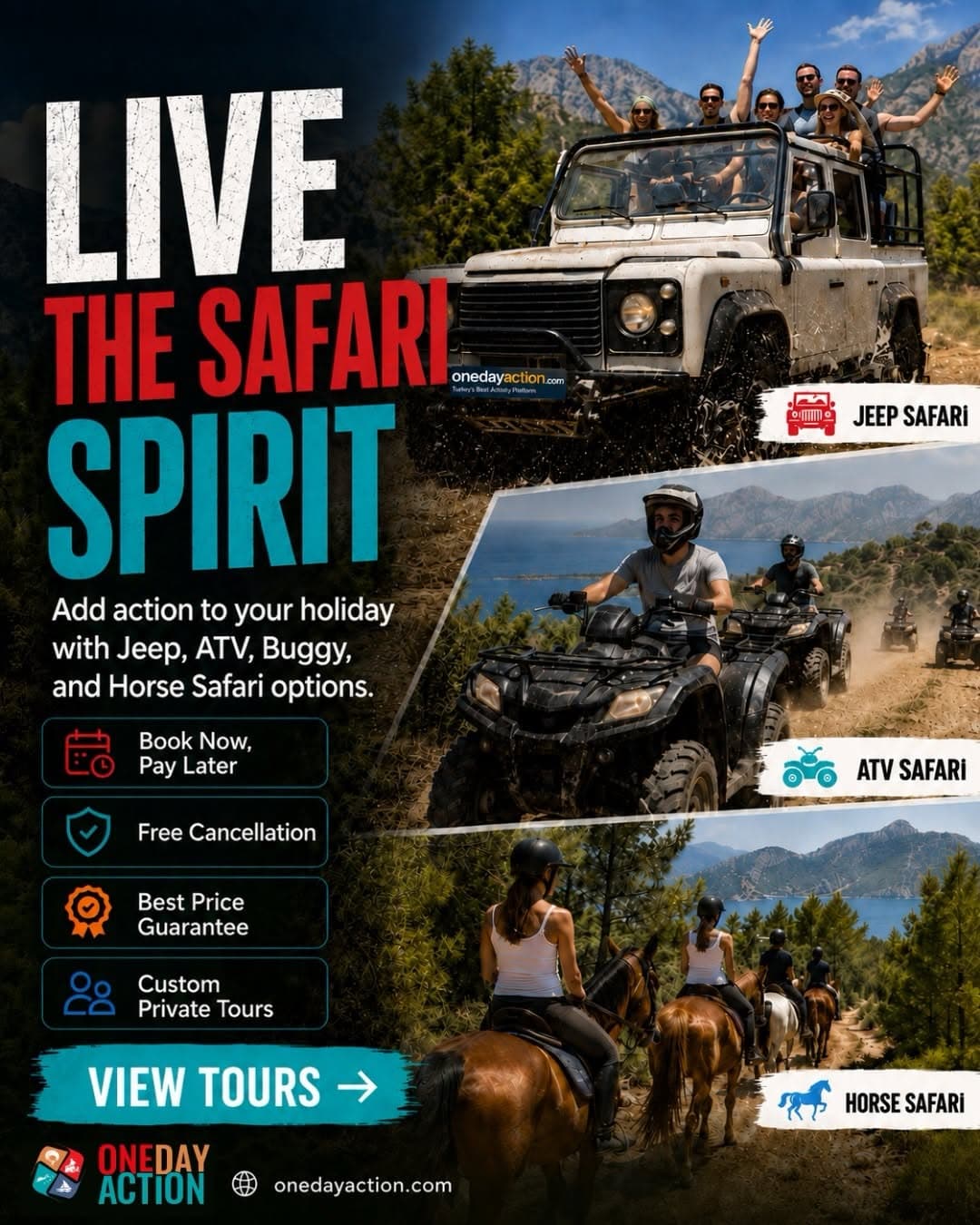 LIVE THE SAFARI SPIRIT! 🏞️🔥
Add action to your holiday with Jeep Safari, ATV Safari, Buggy and Hor