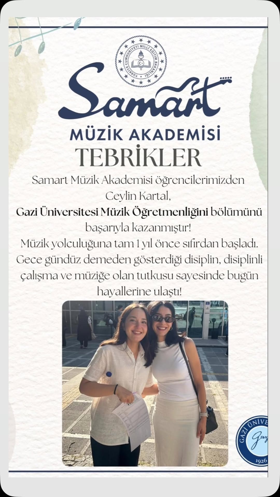Samart Müzik Akademisi ailemizin değerli öğrencisi Ceylin Kartal, müzik yolculuğuna tam 1 yıl önce s