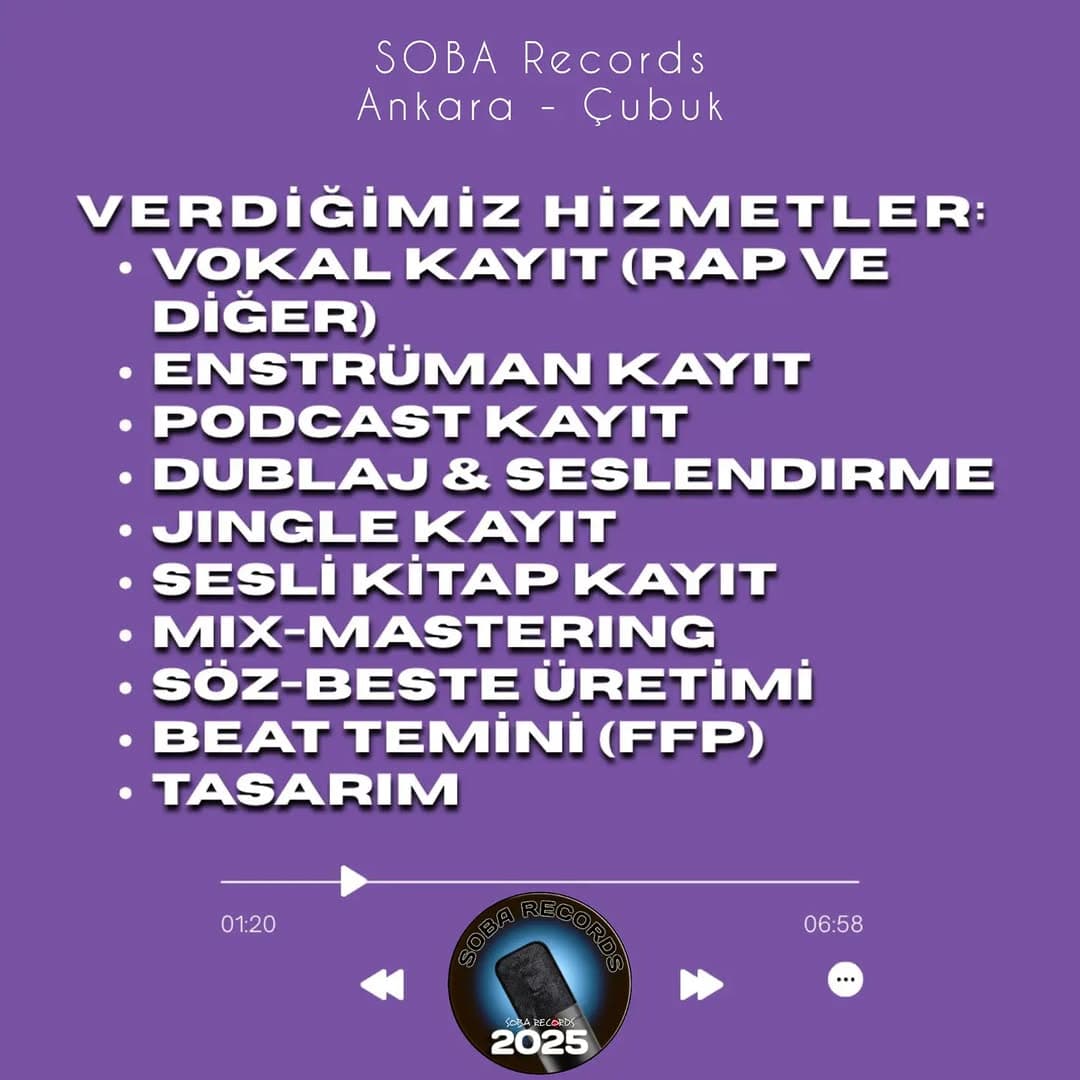 GOLO oldu SOBA!
SOBA Records olarak verdiğimiz hizmetlerin sadece bir kısmı!
Ankara - Çubuk yolund