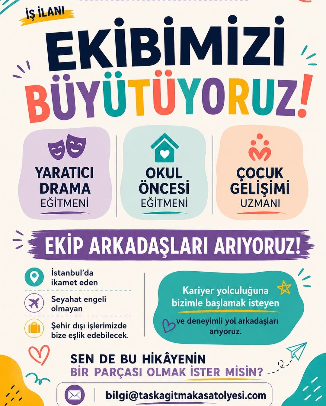 ✨ Ekibimizi Büyütüyoruz! 🎭🎨
Taş Kağıt Makas Duygu Atölyesi olarak yeni sezonda çocuklarımızın dün