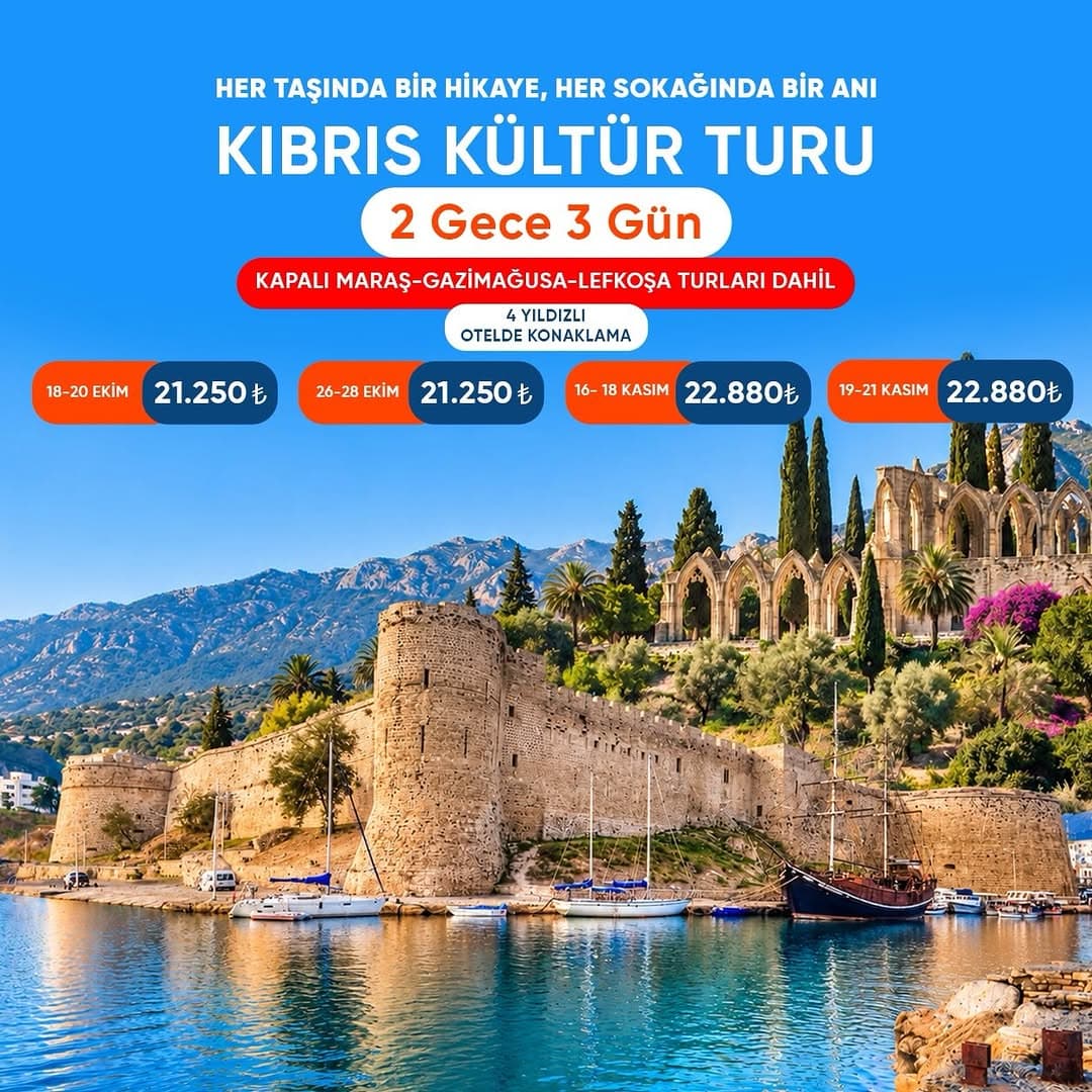 🇨🇾 KIBRIS KÜLTÜR TURU 🇨🇾
✨ 2 Gece 3 Gün | Tüm Turlar Dahil | Ekstra Tur Yok
📍 Güzergâh: Lefko