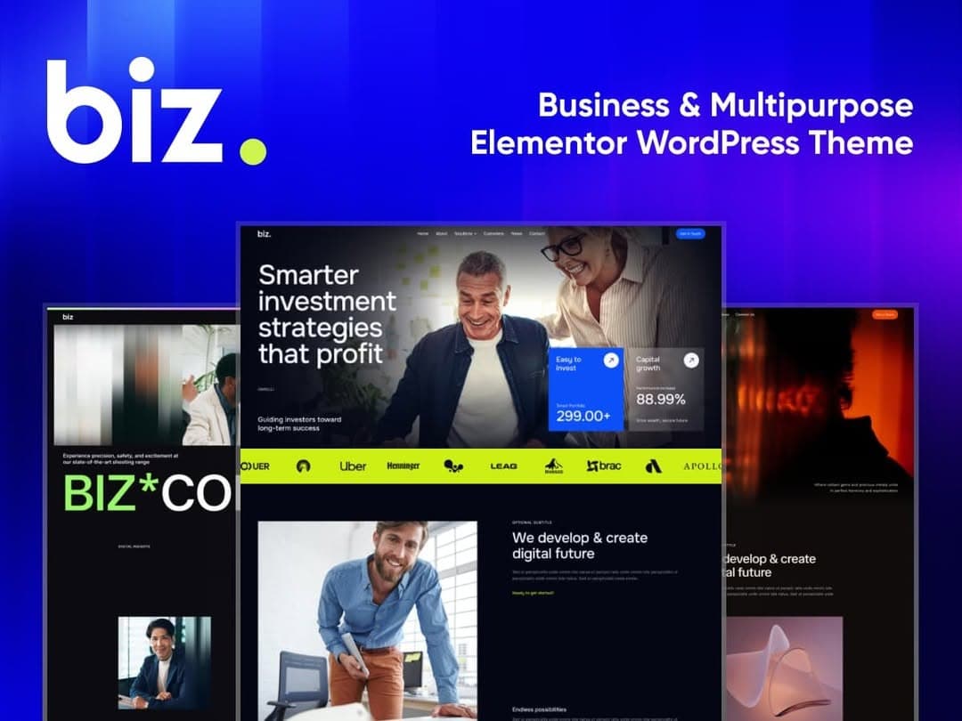 Biz Business Multipurpose Elementor WordPress Theme stands out with its 31 customizable homepage dem
