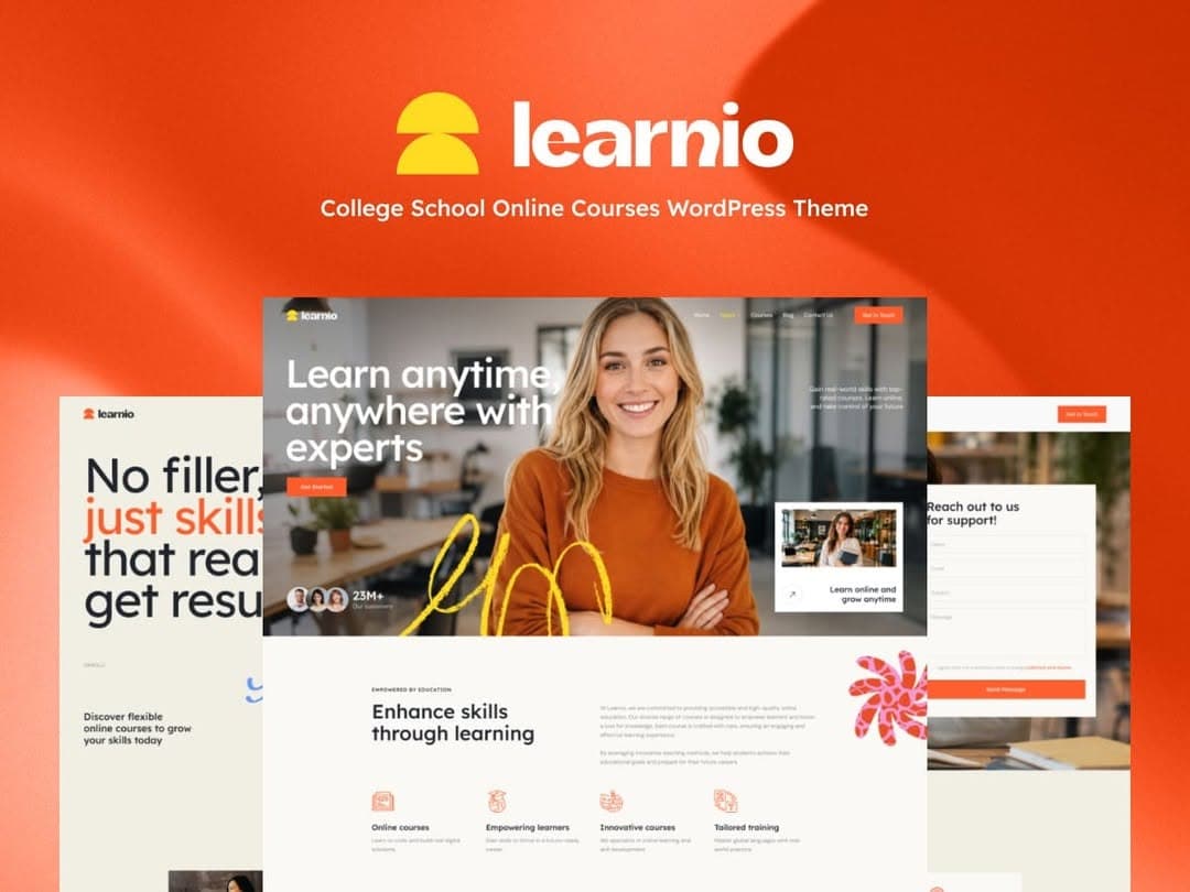 Learnio - College School Online Courses WordPress Theme combines functionality with a clean, modern