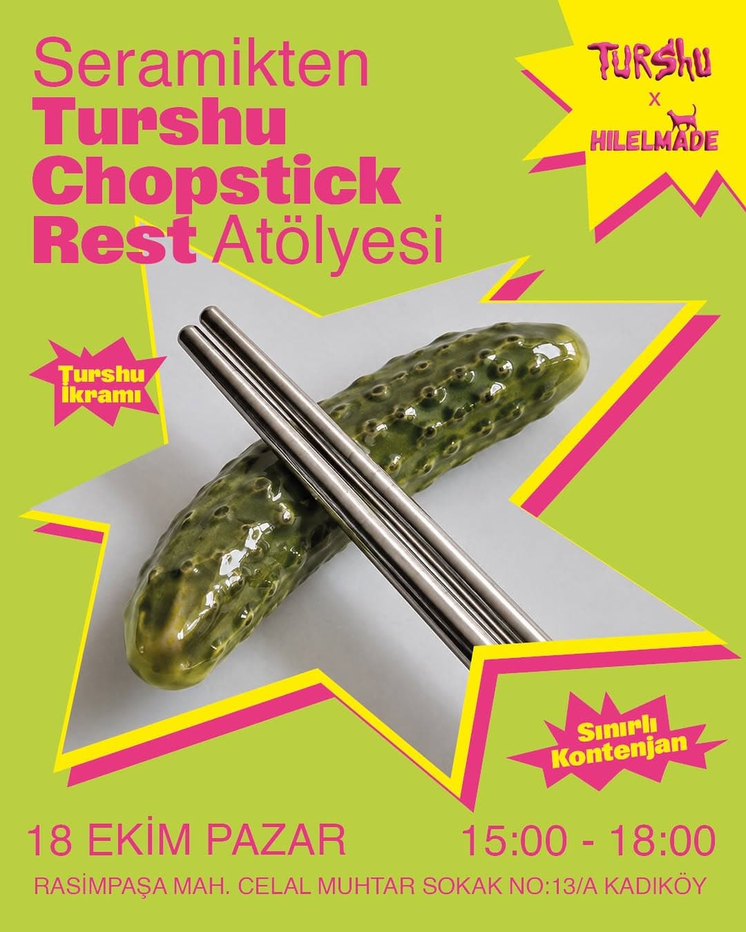 Çok eğlenceli bir etkinlikle geldik! 😎🫵🏻
🥒 Hilelmade x Turshu
Turshu temalı seramik buluşması!