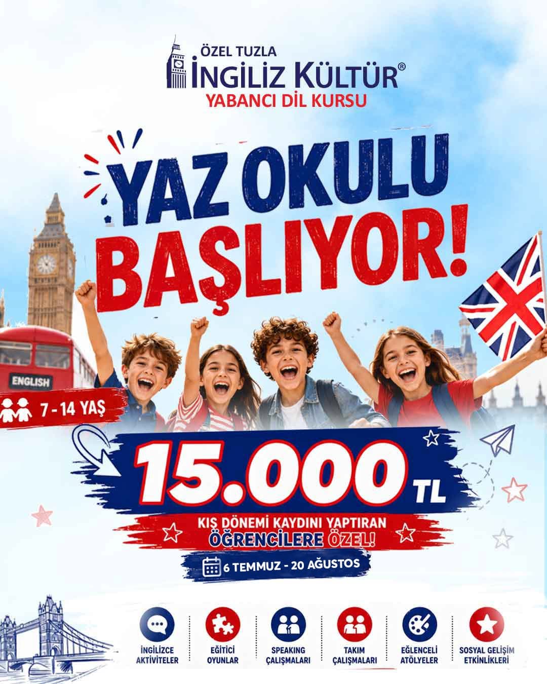 🌞🇬🇧 Bu yaz İngilizce sadece bir ders değil, eğlenceli bir deneyim olacak!
Çocuğunuz yaz tatilini