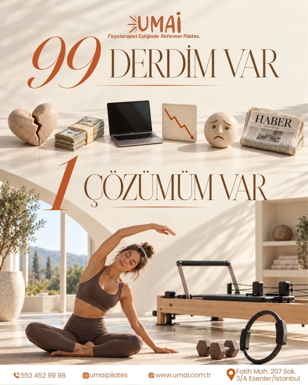 🧡✨ 99 Derdim Var, 1 Çözümüm Var: Pilates! ✨🧘♀️
Günlük hayatın yoğunluğu, iş temposu, sorumlulukla