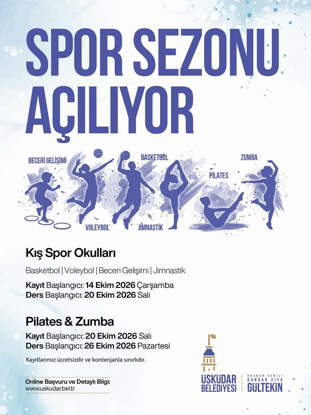 Üsküdar’da Spor Sezonu Açılıyor!
Kış Spor Okulları ve Pilates-Zumba kayıtları başladı. 🏀🏐
Kayıtla