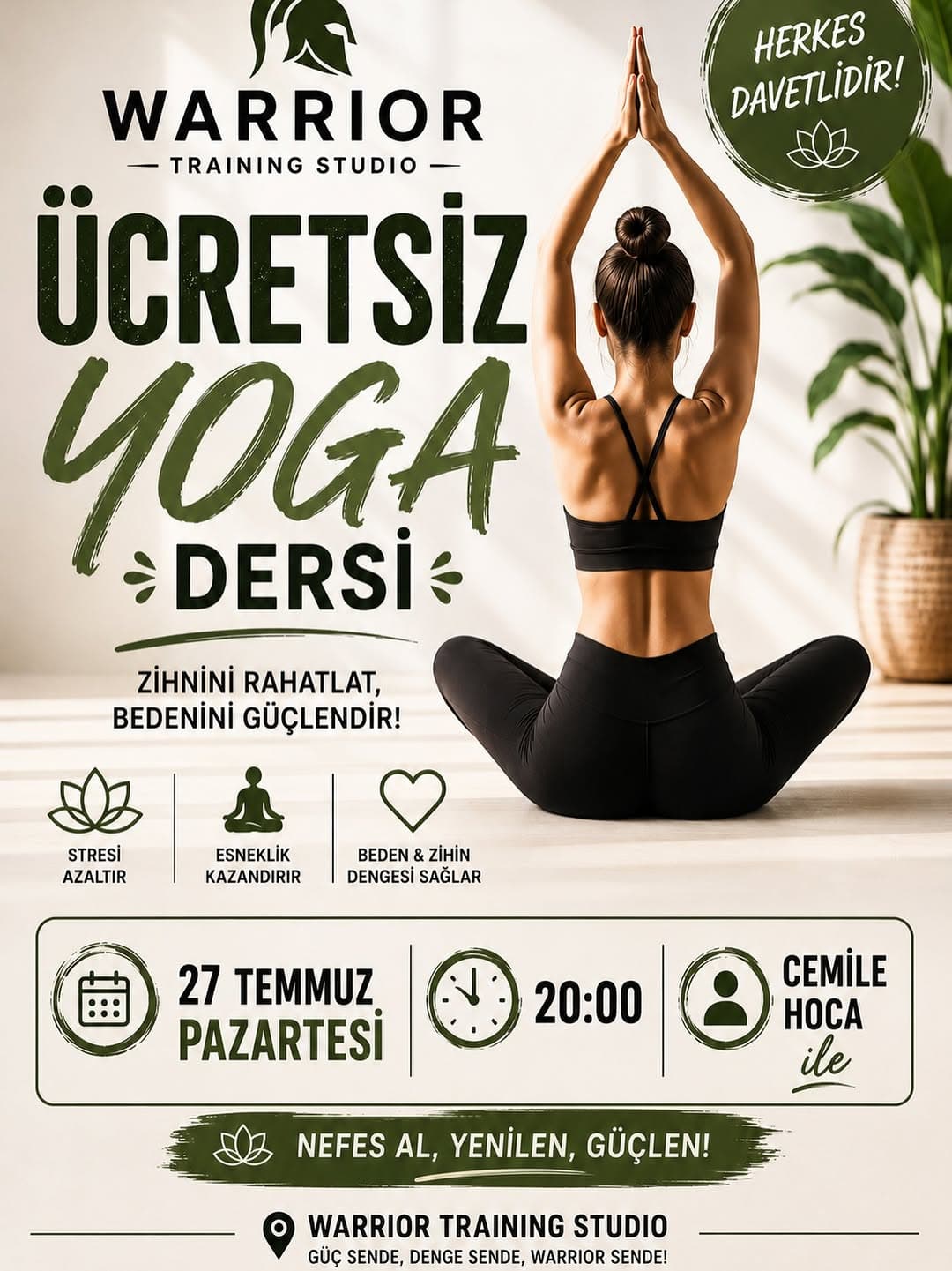 Kendinize zaman ayırmak, bedeninizle ve nefesinizle yeniden buluşmak için sizi yoga dersimize davet