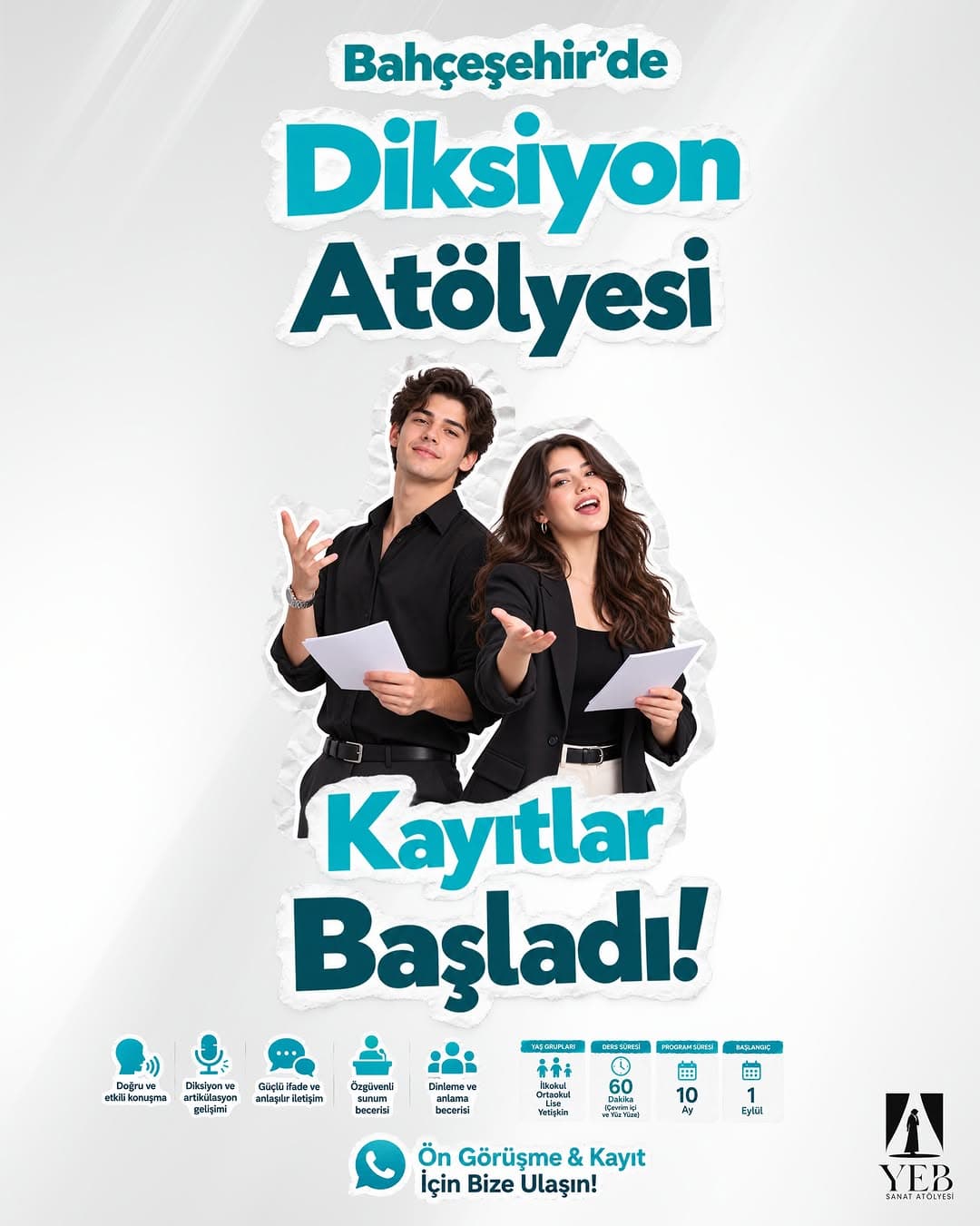 YEB Sanat Atölyesi’nde Diksiyon Atölyesi Kayıtları Başladı! 🎙️
YEB Sanat Atölyesi’nde Diksiyon eği