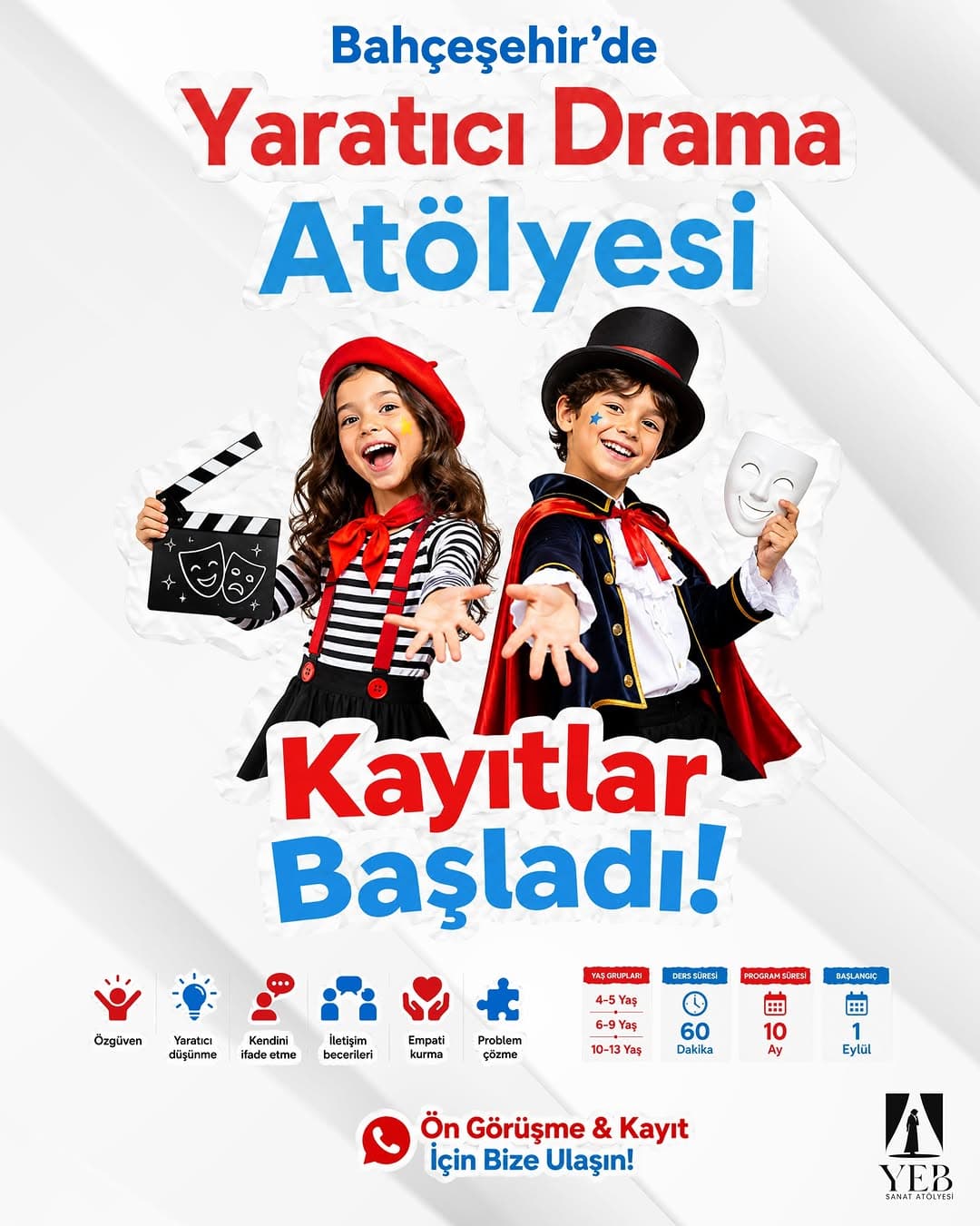 YEB Sanat Atölyesi’nde Yaratıcı Drama Atölyesi Kayıtları Başladı! 🎭
YEB Sanat Atölyesi’nde Yaratıc